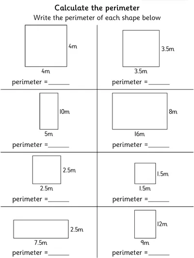 Find the Perimeter of Squares and Rectangles, Metres