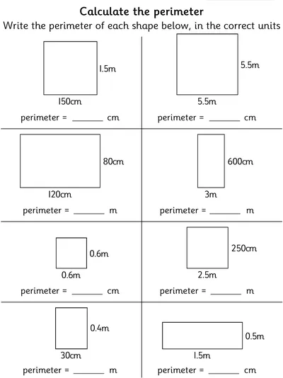 Find the Perimeter of Squares and Rectangles, Mixed Units