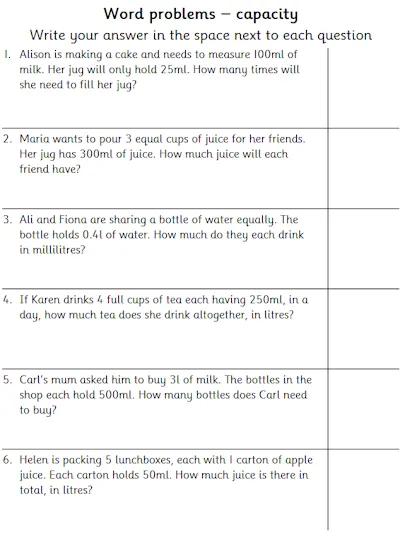 Solving Word Problems involving Capacity