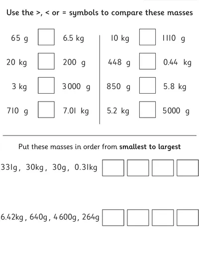 Comparing and Ordering Masses – Mixed Units