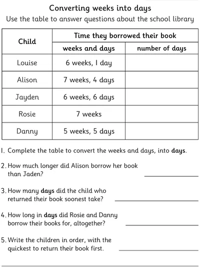 Word Problems Converting Weeks into Days