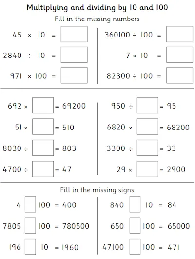 Multiply and Divide by 10 and 100, Without Decimals