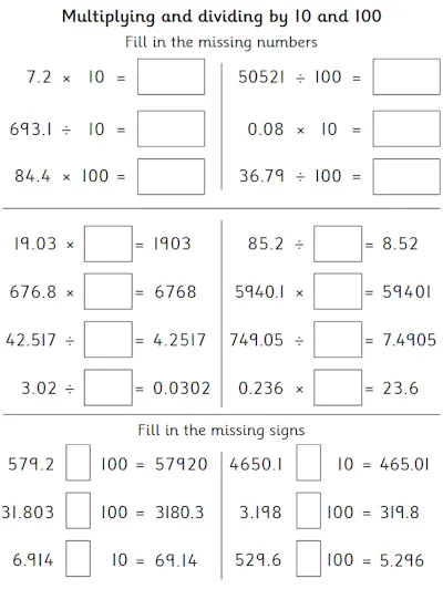 Multiply and Divide by 10 and by 100, With Decimals